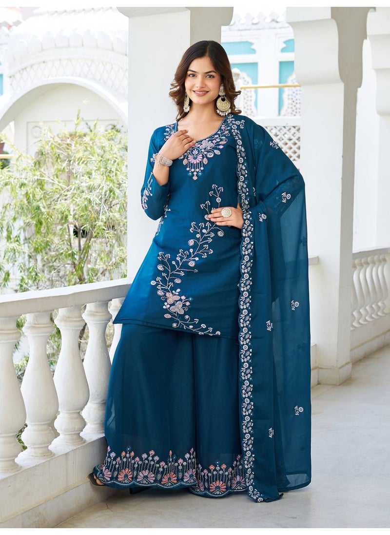 Super Asian Elegant Star Georgette Kurti Palazzo Set with Dupatta – Heavy Moti, Bidas & Sequence Embroidery | Fully Stitched  - Image 5