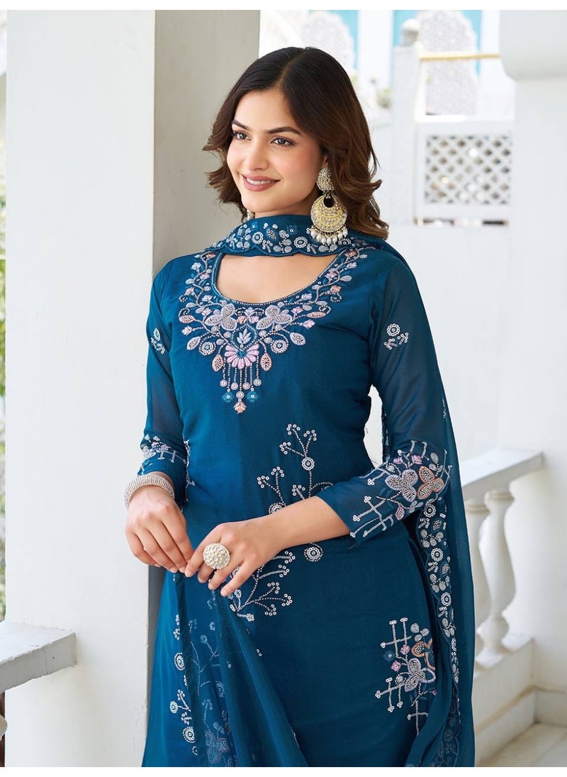 Super Asian Elegant Star Georgette Kurti Palazzo Set with Dupatta – Heavy Moti, Bidas & Sequence Embroidery | Fully Stitched  - Image 3