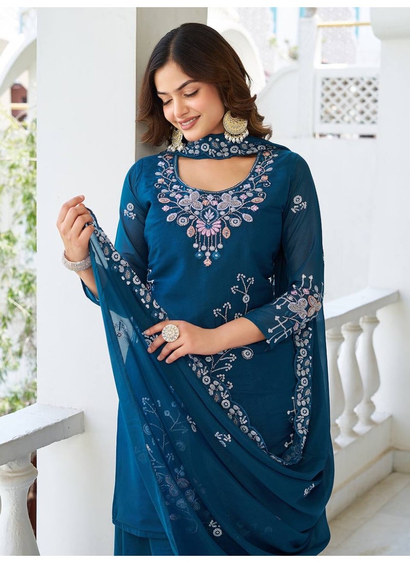 Super Asian Elegant Star Georgette Kurti Palazzo Set with Dupatta – Heavy Moti, Bidas & Sequence Embroidery | Fully Stitched  - Image 2