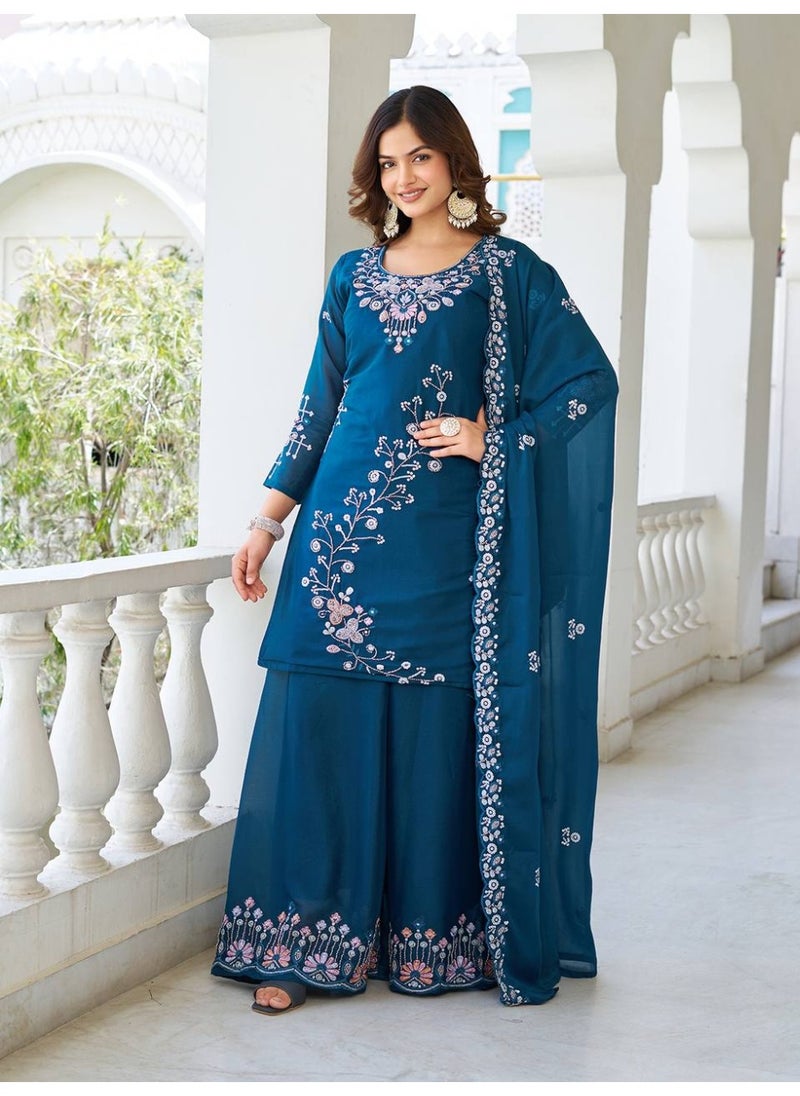 Super Asian Elegant Star Georgette Kurti Palazzo Set with Dupatta – Heavy Moti, Bidas & Sequence Embroidery | Fully Stitched  - Image 4