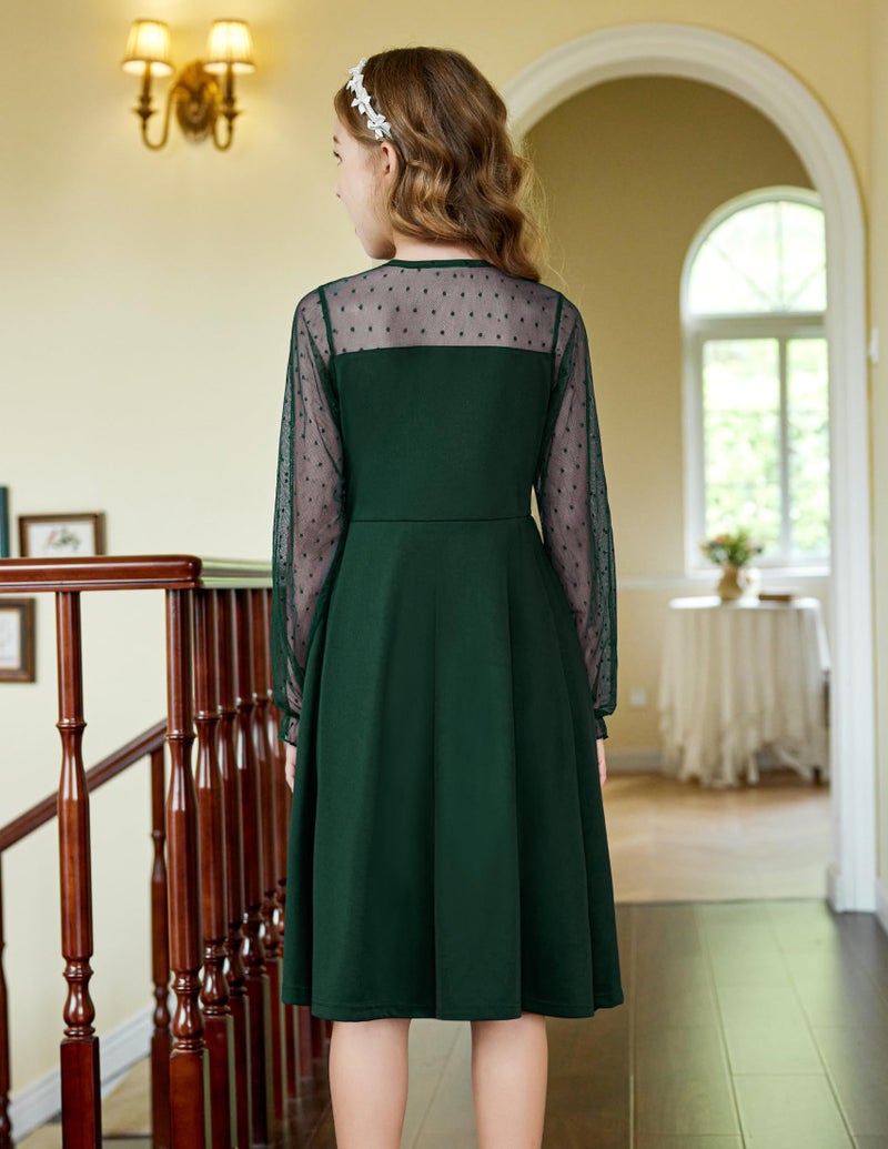 Arshiner Girl's Sheer Mesh Lantern Long Sleeve Green Christmas High Waist Elegant Party Short Dress 14-16 Years - Image 4
