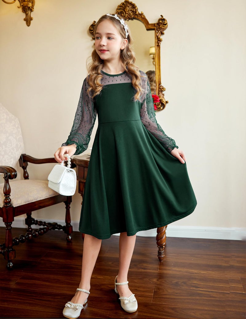 Arshiner Girl's Sheer Mesh Lantern Long Sleeve Green Christmas High Waist Elegant Party Short Dress 14-16 Years - Image 5