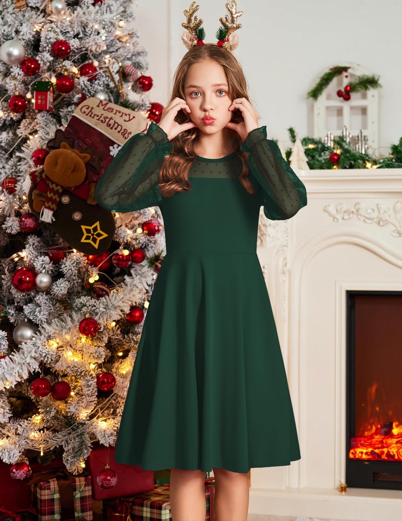 Arshiner Girl's Sheer Mesh Lantern Long Sleeve Green Christmas High Waist Elegant Party Short Dress 14-16 Years - Image 2