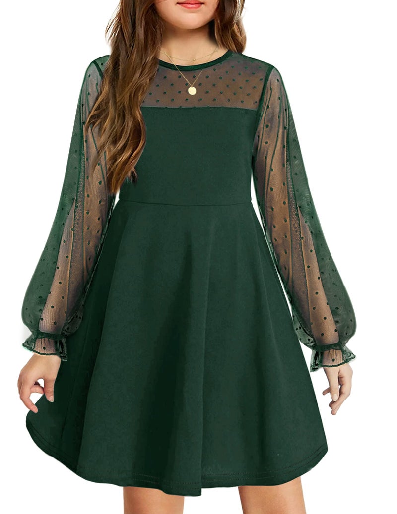 Arshiner Girl's Sheer Mesh Lantern Long Sleeve Green Christmas High Waist Elegant Party Short Dress 14-16 Years - Image 1