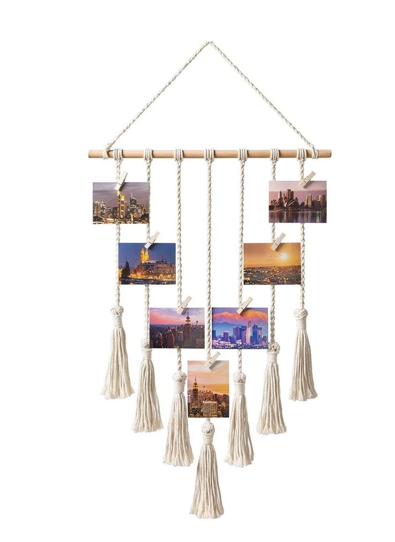 DELFINO Hanging Photo Display with Macrame Decorative Wall Hanging Pictures Organizer, Perfect for Home Decor Wooden Clips (White) Photo Hanging Display for Wall Decor - Image 1