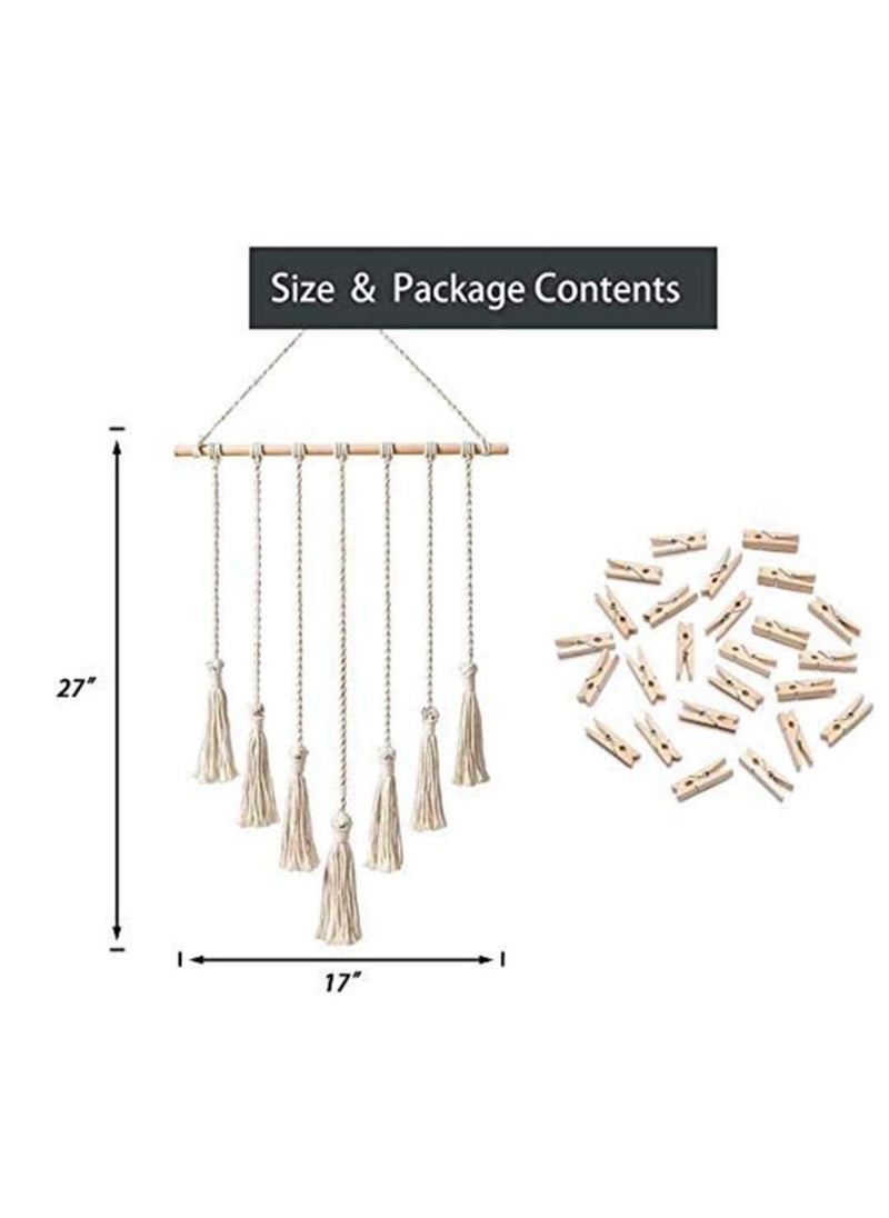 DELFINO Hanging Photo Display with Macrame Decorative Wall Hanging Pictures Organizer, Perfect for Home Decor Wooden Clips (White) Photo Hanging Display for Wall Decor - Image 3