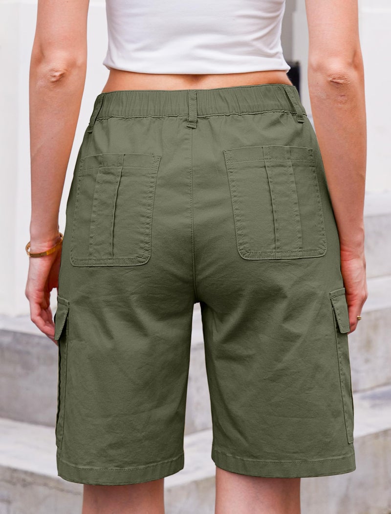 Eddoyee Bermuda Cargo Shorts for Women Casual Long Knee Length High Waisted Stretch Wide Leg Relaxed Fit(Army Green, Small) - Image 2