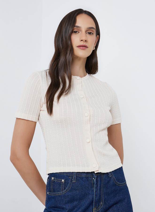 Styli Women Cream Textured Buttoned Knit Top - Image 1