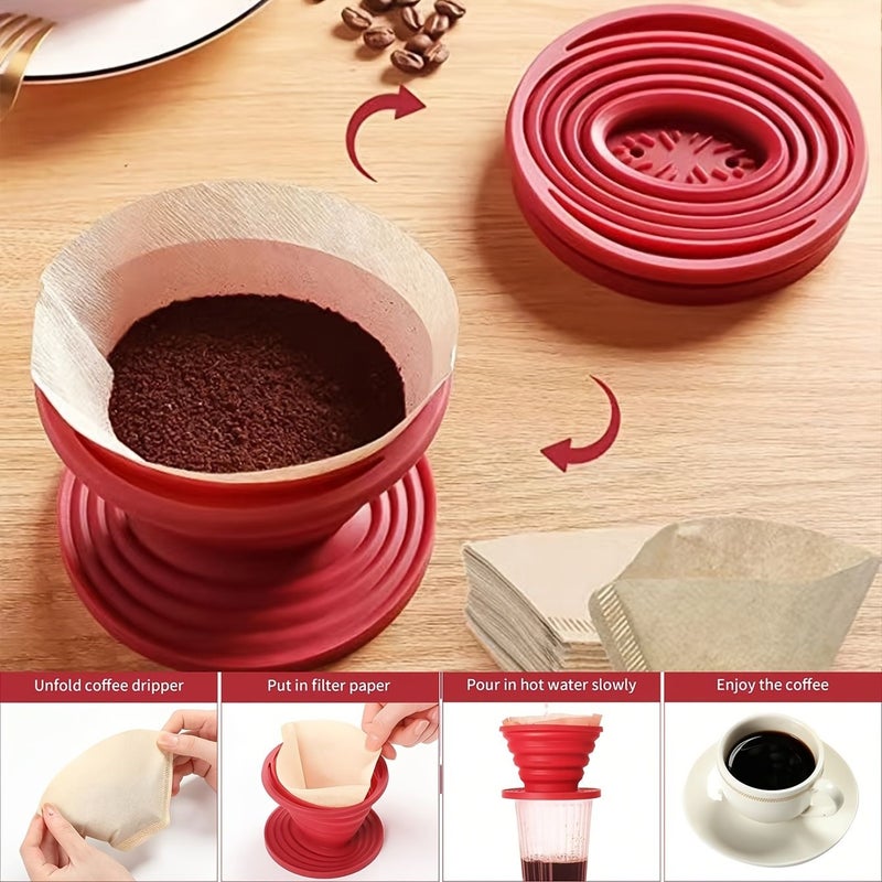 Red Collapsible Silicone Pour Over Coffee Dripper Portable Reusable Filter Cone for Camping Hiking Backpacking Home Office Easy Clean Compact - Image 5