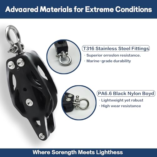 RiaYer 35mm Swivel Sailing Block with Becket for Marine Rigging, Durable T316 Construction, High Load Capacity 1800 lbs, Fits 3/8" Line - Corrosion Resistant Pulley for Sheets and Control Lines-HL004 - Image 3