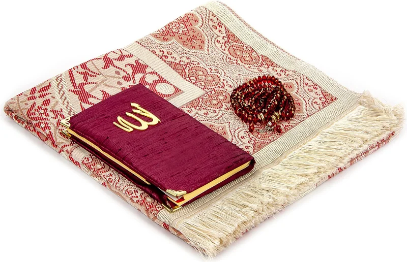ايهفان اونلاين Prayer Rug Set - Slub Covered Yasin - Prayer Rug - Prayer Beads - Claret Red Color