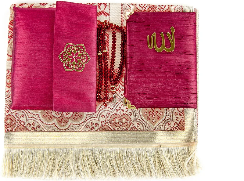 ايهفان اونلاين Prayer Rug Set - Slub Covered Yasin - Prayer Rug - Prayer Beads - Claret Red Color