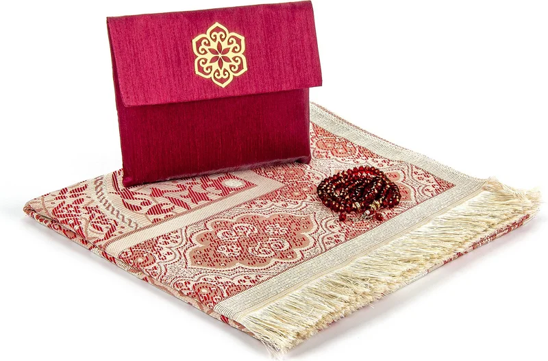 ايهفان اونلاين Prayer Rug Set - Slub Covered Yasin - Prayer Rug - Prayer Beads - Claret Red Color