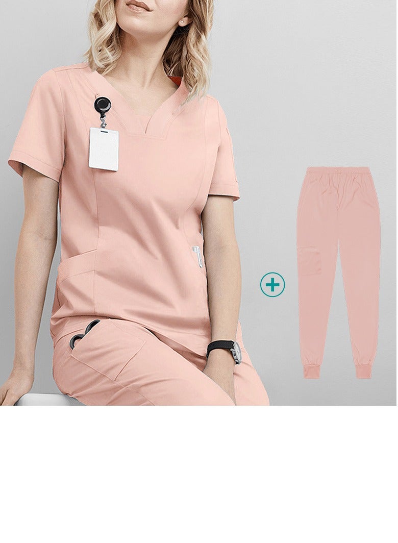 Loquat Solid Color Medical Uniform Scrubs Set Medical Scrubs 2 Piece Set Top and Pants Suit Pink