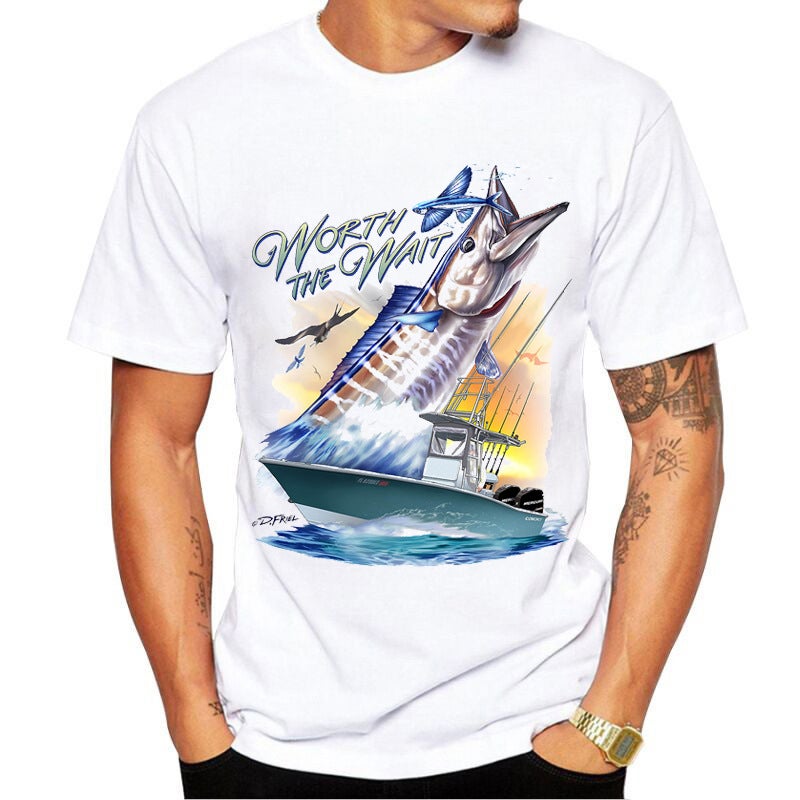 Generic [Spot] fishing T-shirt European and American original personality young men and women fashion short sleeve printed t-shirt popular White 1 - Image 2