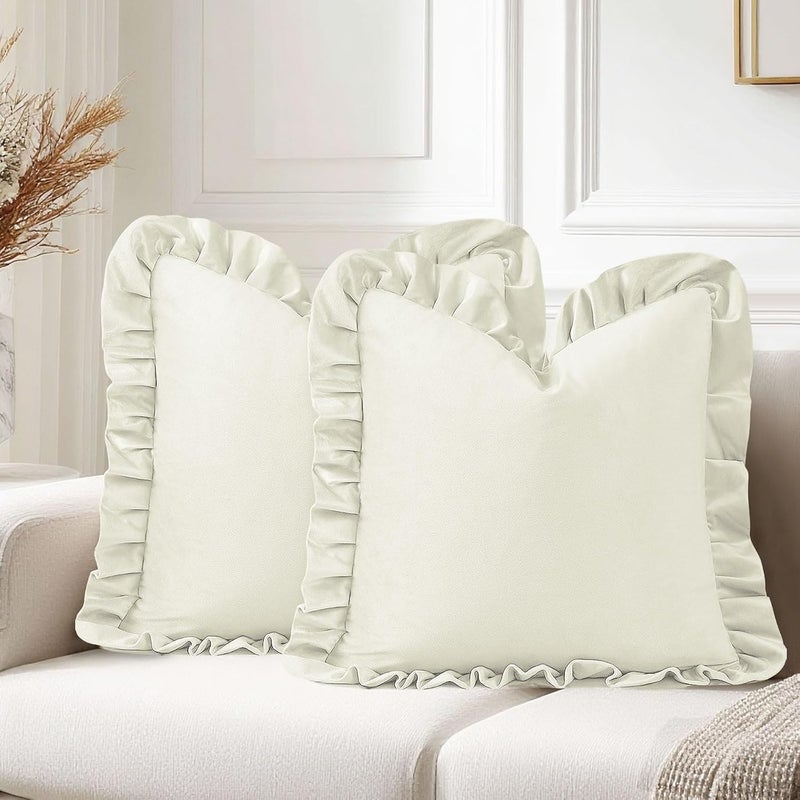 JIUZHEN Ivory Velvet Throw Pillow Covers 22x22 for Couch Sofa Livingroom Bed, Set of 2 Decorative Square Throw Pillow Covers with Ruffles - Image 1