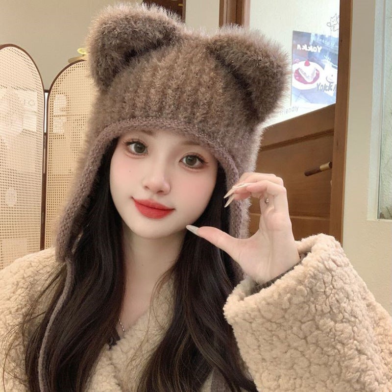 2024 New Bear Ear Plush Hat for Children Autumn and Winter Cute Thickened Warm Ear Protection Dopamine Wool Hat Coffee color
