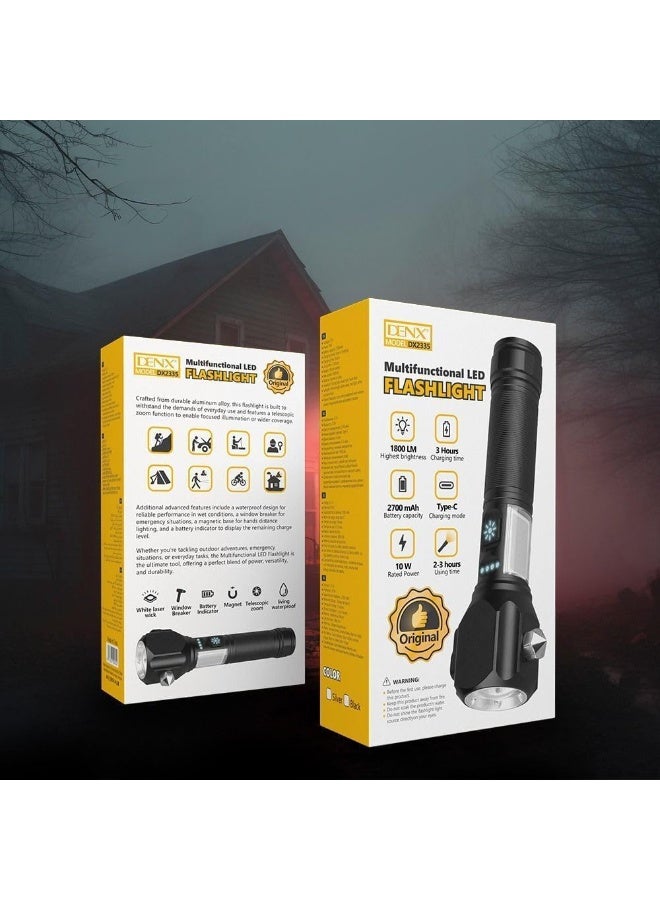 DENX Multifunctional LED Flashlight DX2335 – 1800 Lumens Rechargeable Type-C LED Torch, Waterproof, 2700mAh Battery, 10W Power, Portable Handheld Light for Outdoor, Camping & Emergencies - Image 3