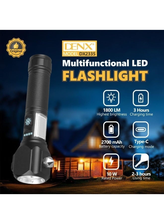 DENX Multifunctional LED Flashlight DX2335 – 1800 Lumens Rechargeable Type-C LED Torch, Waterproof, 2700mAh Battery, 10W Power, Portable Handheld Light for Outdoor, Camping & Emergencies - Image 2