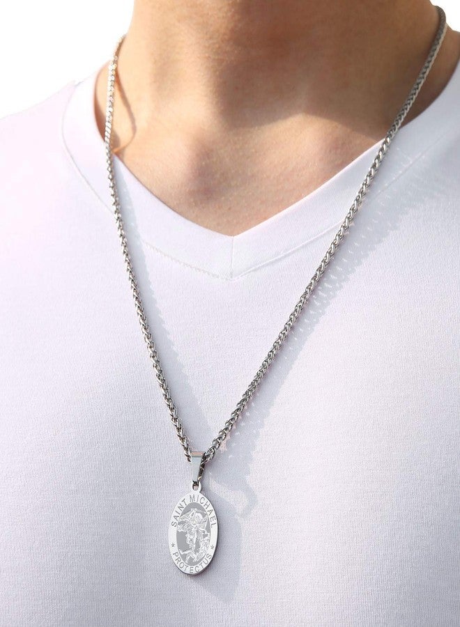 RS Silver St Saint Michael Medal Necklace for Men Boys Stainless Steel Pendant Chain Catholic Religious Baptism First Communion Confirmation Jewelry Gifts Teen Teenage Him Son - Image 4