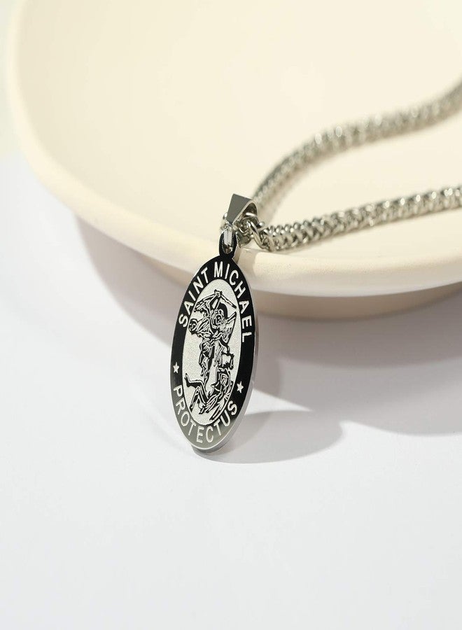 RS Silver St Saint Michael Medal Necklace for Men Boys Stainless Steel Pendant Chain Catholic Religious Baptism First Communion Confirmation Jewelry Gifts Teen Teenage Him Son - Image 2