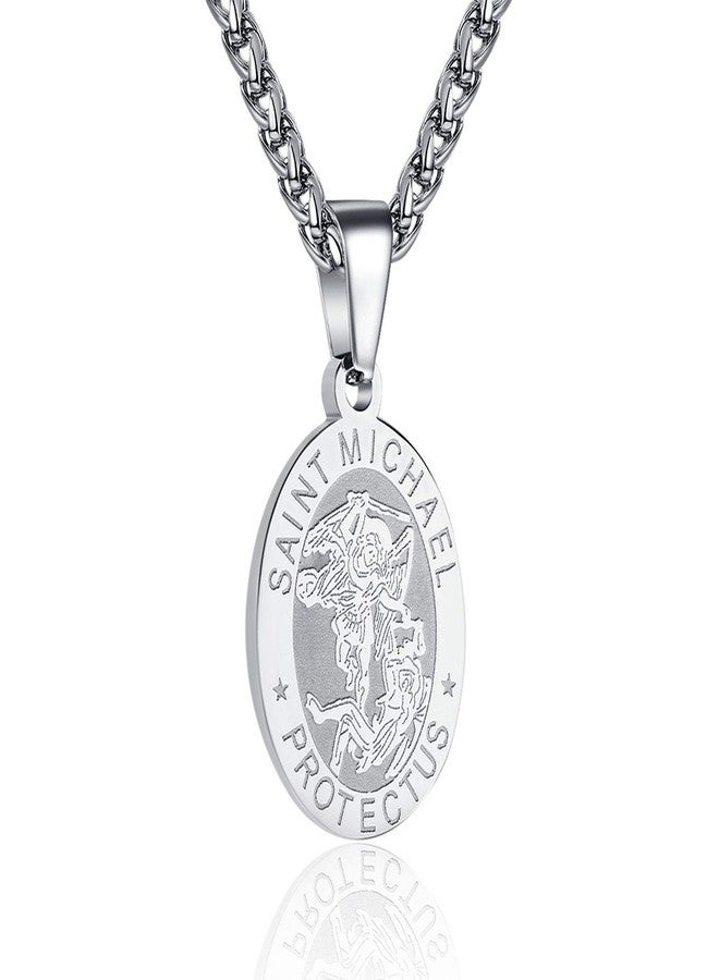 RS Silver St Saint Michael Medal Necklace for Men Boys Stainless Steel Pendant Chain Catholic Religious Baptism First Communion Confirmation Jewelry Gifts Teen Teenage Him Son - Image 1
