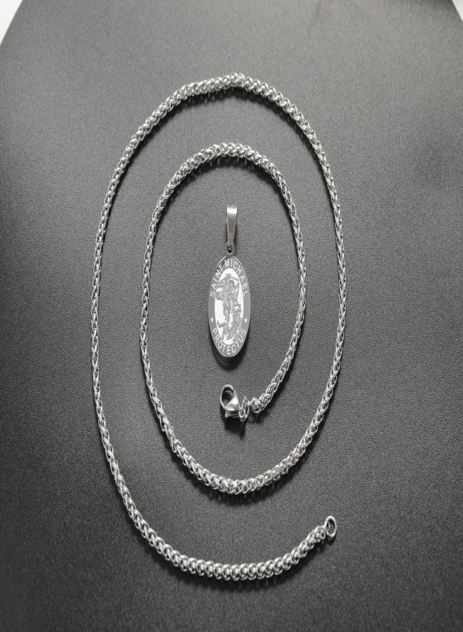 RS Silver St Saint Michael Medal Necklace for Men Boys Stainless Steel Pendant Chain Catholic Religious Baptism First Communion Confirmation Jewelry Gifts Teen Teenage Him Son - Image 3