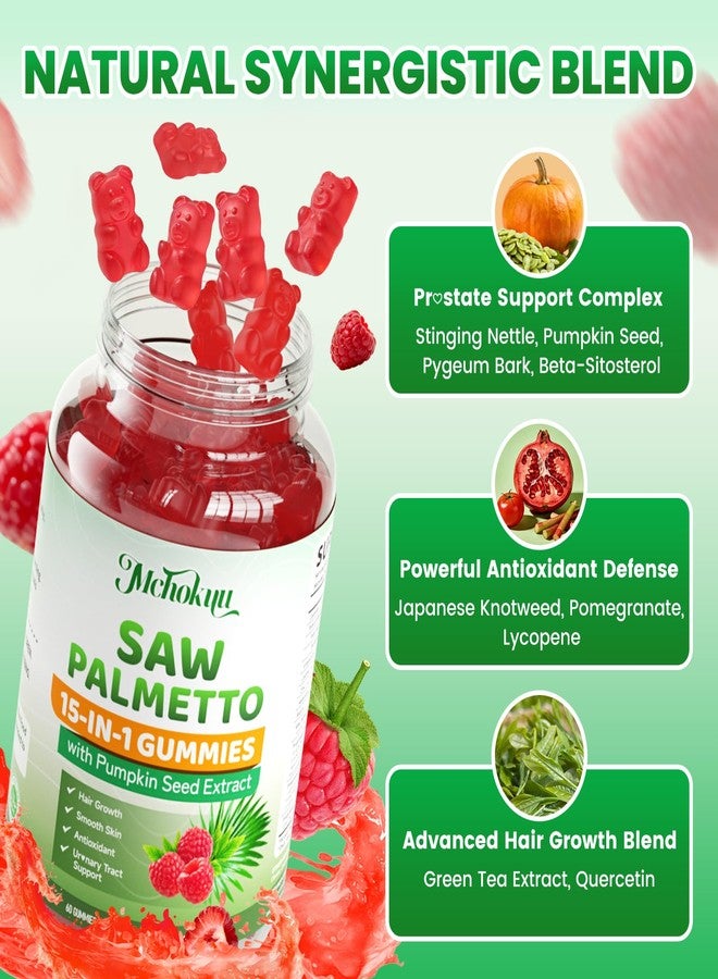 Mchokuu Saw Palmetto Gummies 600mg for Men & Women – Pumpkin Seed Oil Gummies with Saw Palmetto Supplement for Hair Growth & Skin Health, DHT Blocker - Sugar Free, Non-GMO, Raspberry Flavor 60 Count - Image 2