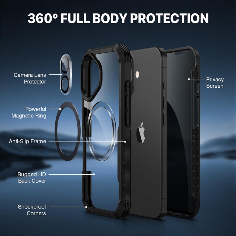 CENHUFO Magnetic Privacy for iPhone 16 Plus Case [Compatible with Magsafe] Full Body Phone Case Built-in 9H Tempered Glass Privacy Screen Protector and Camera Lens Cover, Shockproof Bumper - Black - Image 3