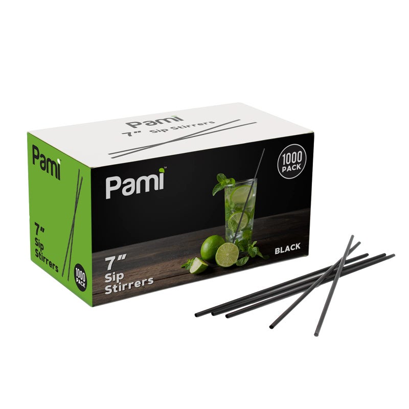PAMI 7 Inch Plastic Cocktail Straws Pack of 1000 Black Disposable Coffee Stirrers Straws for Hot and Cold Drinks