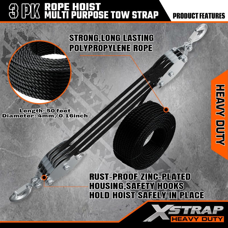XSTRAP STANDARD Heavy-Duty 4,000 LB Breaking Strength 65 FT Rope Hoist with 2PK 8 FT Lift Sling (Black) - Image 4