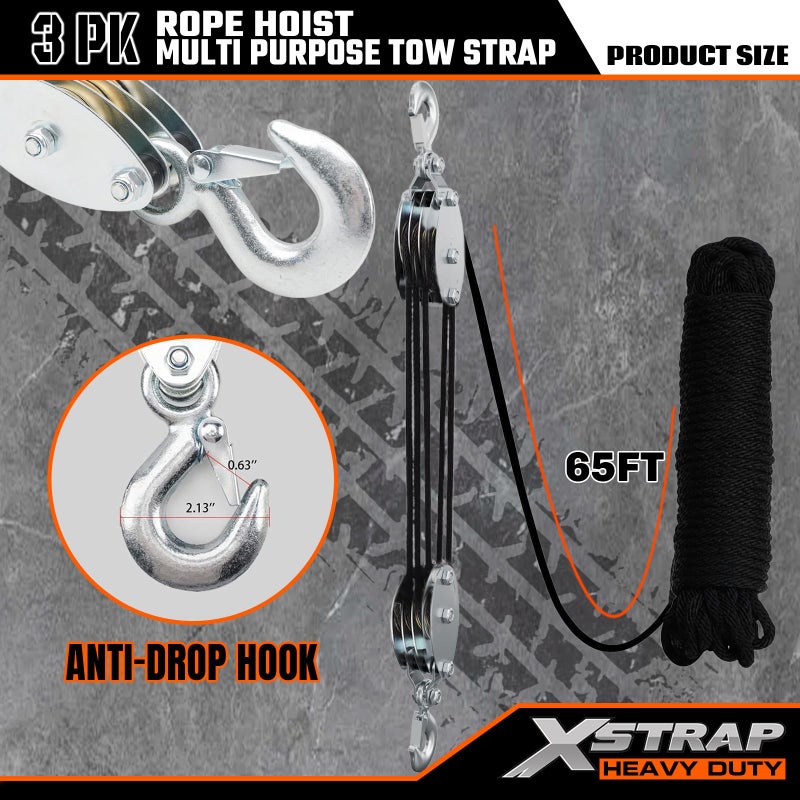 XSTRAP STANDARD Heavy-Duty 4,000 LB Breaking Strength 65 FT Rope Hoist with 2PK 8 FT Lift Sling (Black) - Image 2