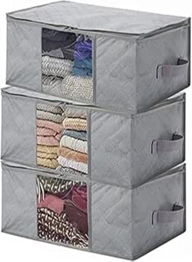 Fresh 3 Foldable Clothes Storage Bags, Duvets Underbed Storage Bag, Bed Storage Pocket with Zips, Waterproof Thick Non-woven Fabric, Used For Blankets Pillows Toys Clothing, 48 x 35 x 20 cm (Grey)