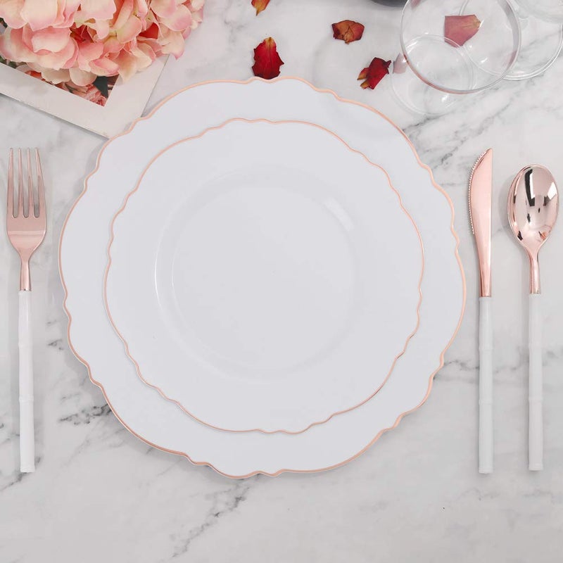 WDF 60pcs Rose Gold Plastic Plates-Baroque White &Rose Gold Disposable Plates including 30Plastic Dinner Plates 10.25inch  30 Salad Plates 7.5inch for Wedding & Parties & Mother's Day - Image 4