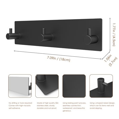 Bstansion Key Holder for Wall, Self Adhesive Stainless Steel Key Hanger with 3 Key Hooks Wall Mount, Key Rack Organizer for Keys, Coat, Bag, Key Holders for Office, Door, Bathroom, Kitchen - Black - Image 2