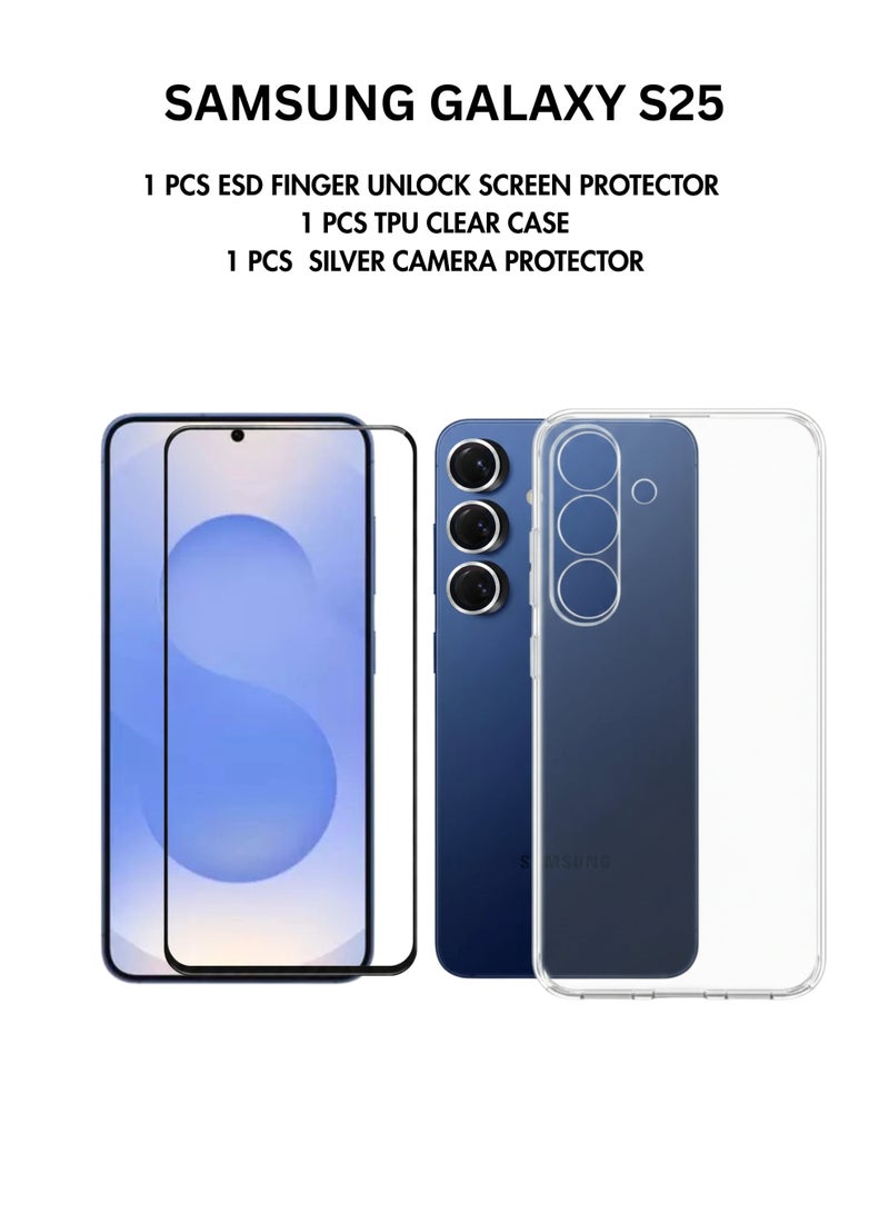 مجموعة حماية فاخرة لهاتف سامسونج جالاكسي S25 | جراب شفاف من السيليكون عالي الجودة + واقي شاشة ببصمة الإصبع مقاوم للتفريغ الكهروستاتيكي + واقي عدسة كاميرا معدني أسود | تصميم نحيف للغاية ومقاوم للصدمات والاصفرار - Image 1