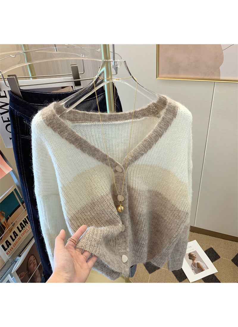 Generic - Striped Gradient Soft Supple Womens Sweater Cardigan Jacket Loose Fit Elegant Stylish Top Spring New Arrival Knitted Apricot - Image 1