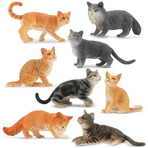 Toymany 8PCS Grey & Orange Cat Figurines Set, Realistic Cat Figures Kitten Toys, Cat Cake Toppers Halloween Christmas Birthday Gift for Kids Children - Image 1
