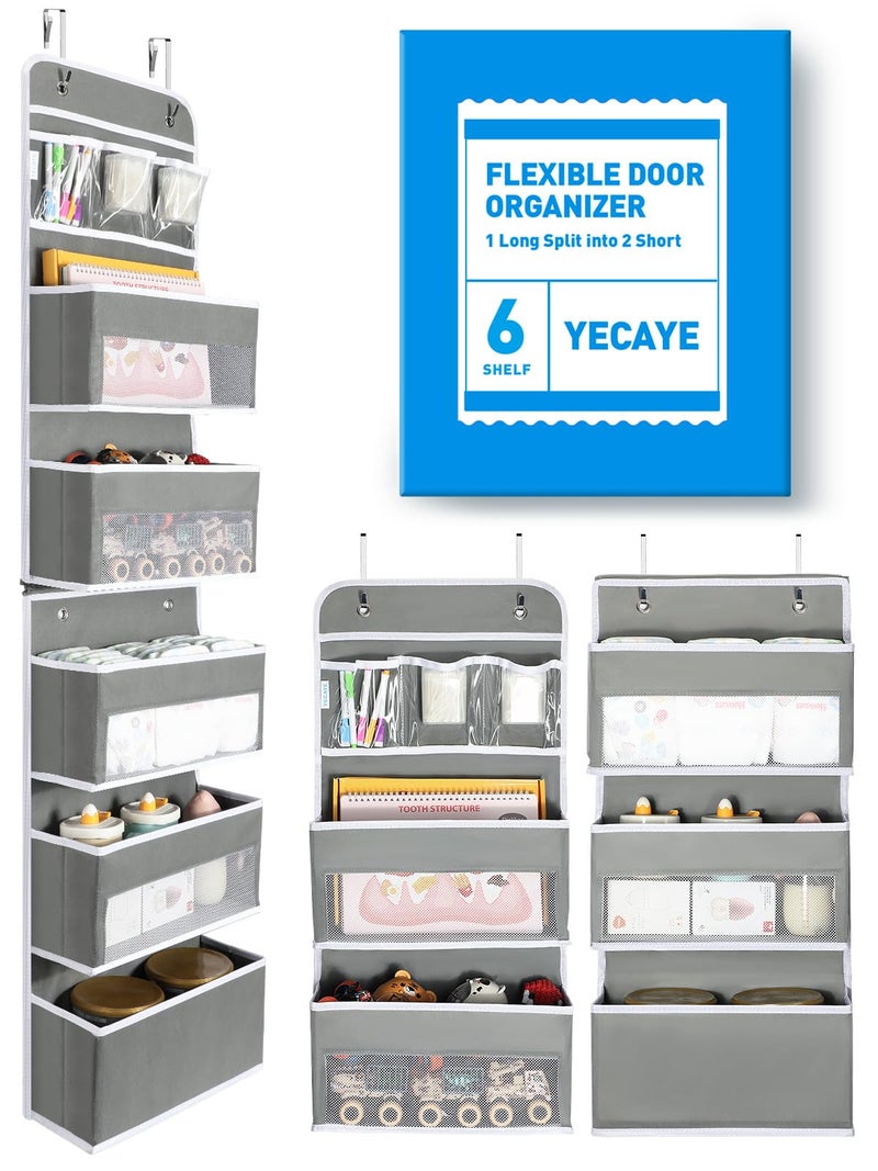 Yecaye 6-Tier Over the Door Storage Organizer, Flexible 1 Split into 2 Swing-proof Hanging Bathroom Storage Organization, Bedroom Organizer and Storage for Newborn Baby Essentials, Grey - Image 1