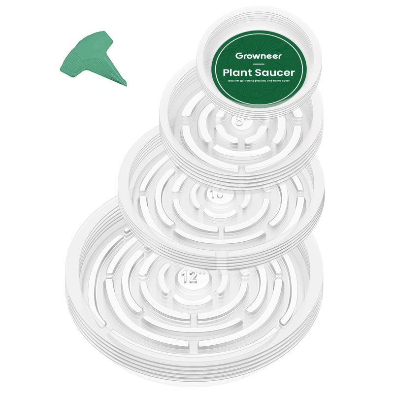 GROWNEER 24 Pack of 6 8 10 12 Inches Clear Plant Saucers Flower Pot Trays with 15 Pcs Plant Labels Plastic Plant Drip Trays for Indoor Outdoor Plants Garden Assorted 4 Sizes 6pcs of Each Size
