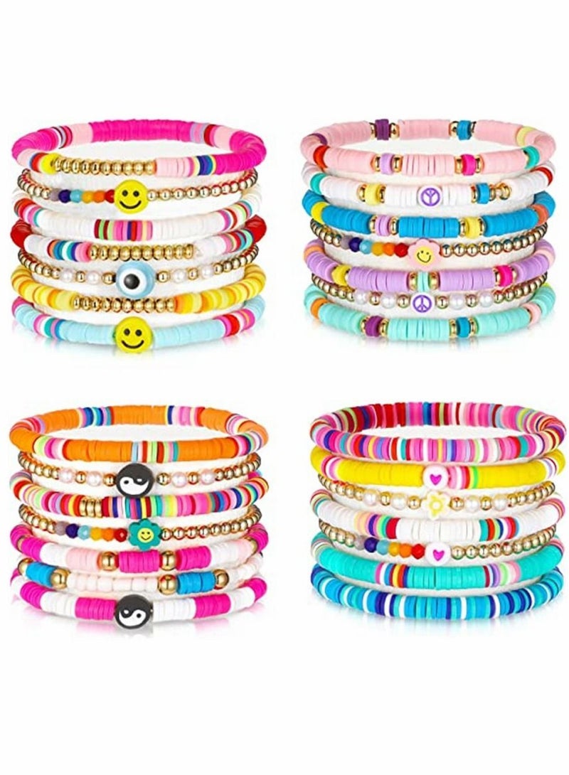 Fun Bracelets 28 Pcs 4 Set Heishi Surfer Colorful Preppy Happy Smile Evil Eye Beaded Stretch Clay Stackable Boho Disc Beach Jewelry for Women - Image 1