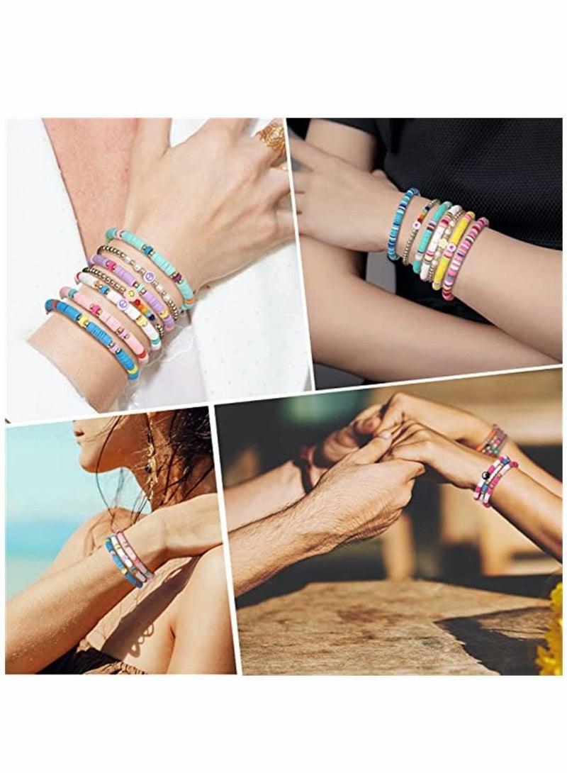 Fun Bracelets 28 Pcs 4 Set Heishi Surfer Colorful Preppy Happy Smile Evil Eye Beaded Stretch Clay Stackable Boho Disc Beach Jewelry for Women - Image 4