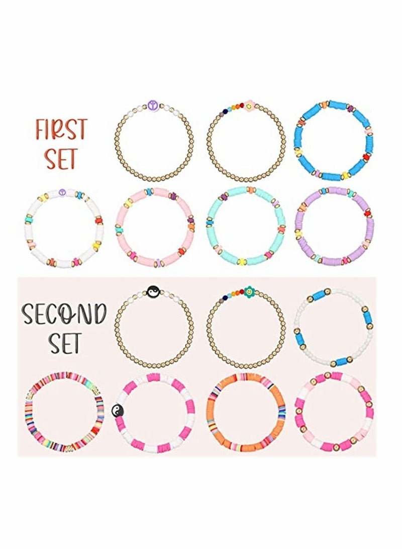 Fun Bracelets 28 Pcs 4 Set Heishi Surfer Colorful Preppy Happy Smile Evil Eye Beaded Stretch Clay Stackable Boho Disc Beach Jewelry for Women - Image 2