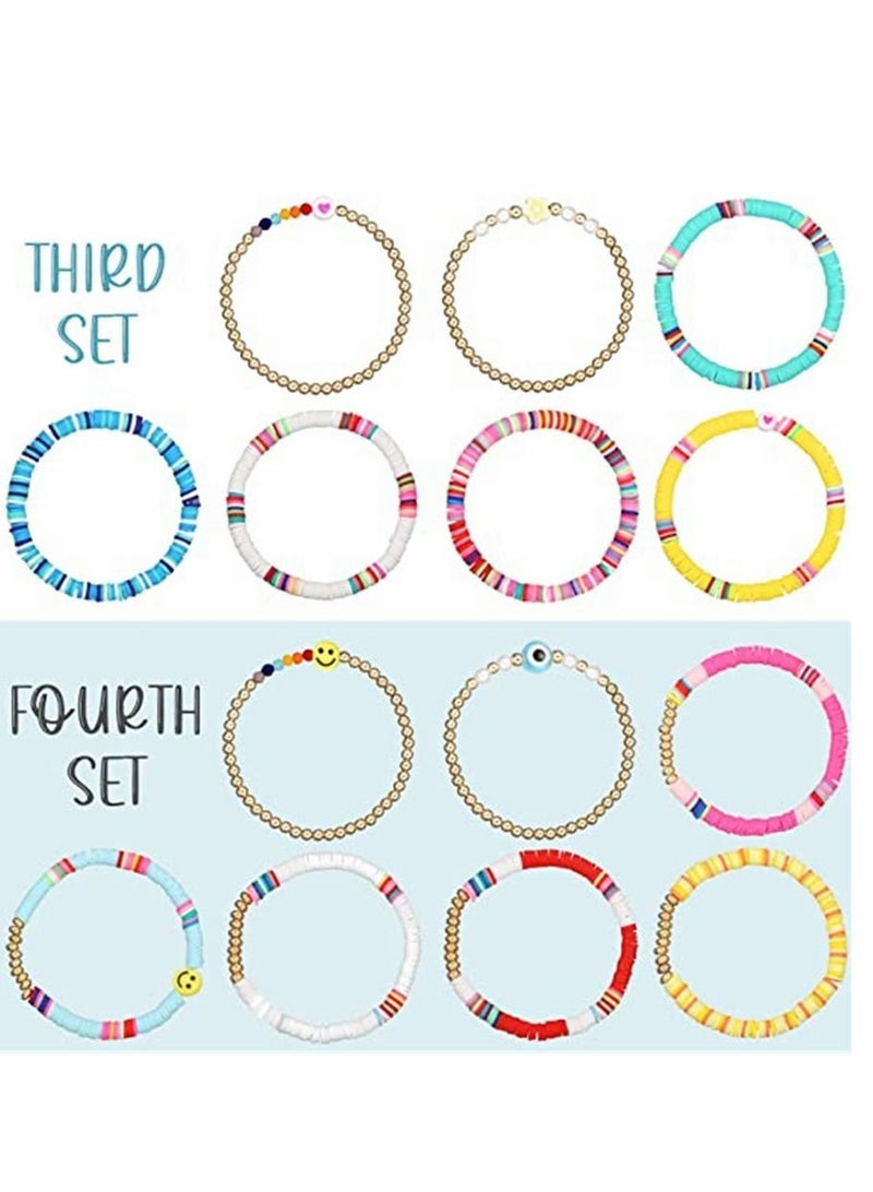 Fun Bracelets 28 Pcs 4 Set Heishi Surfer Colorful Preppy Happy Smile Evil Eye Beaded Stretch Clay Stackable Boho Disc Beach Jewelry for Women - Image 3