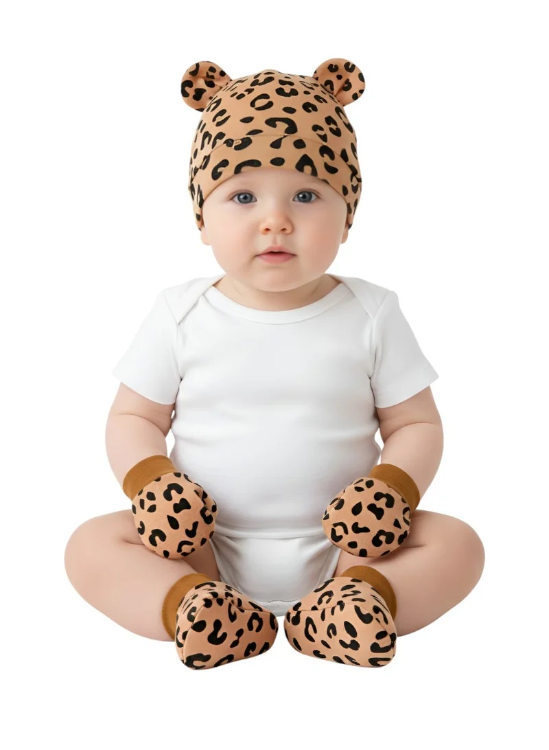 Bambimici Bambimici – Leopard Print Hat, Mittens & Booties Set