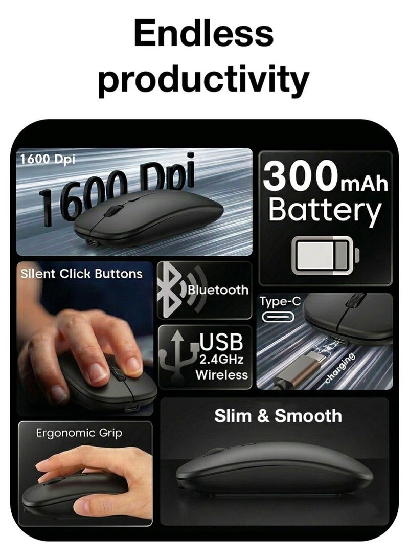 جلاسولوجي Dual-Mode Wireless Mouse Bluetooth 5.0 & USB 2.4G, Silent Noiseless Slim Design for Laptop, 4 Adjustable DPI Levels Compatible With Macbook HP Acer Lenovo Thinkpad in Elegant Black - Image 5