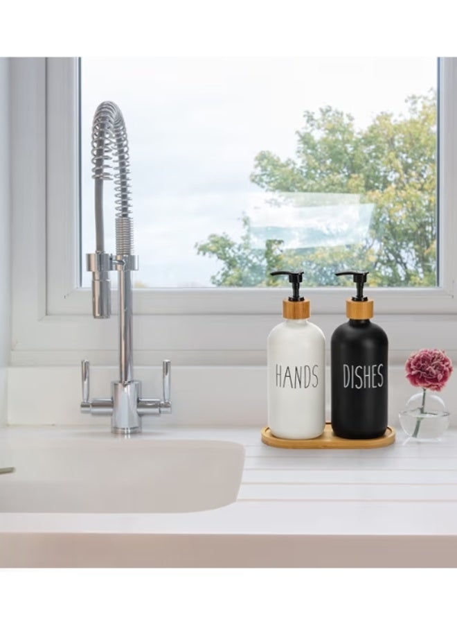Modern soap dispenser set (black and white) with a wooden base – a luxurious decorative touch for your home - Image 2