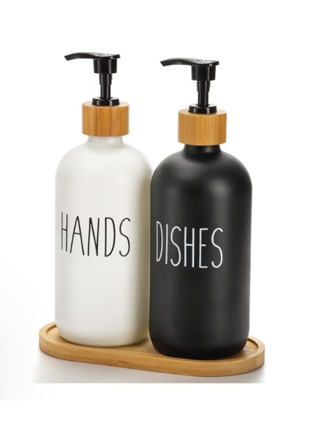 Modern soap dispenser set (black and white) with a wooden base – a luxurious decorative touch for your home - Image 1