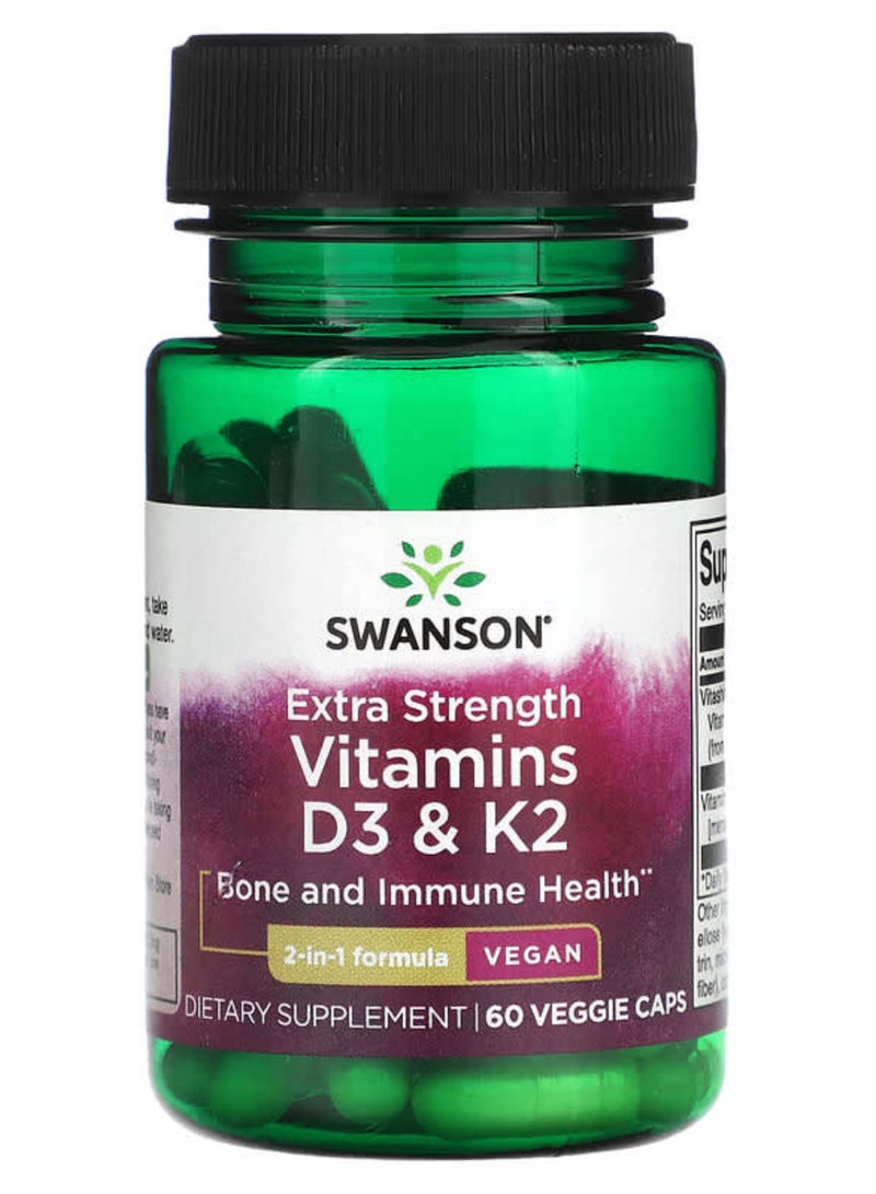 SWANSON Vitamins D3 & K2, Extra Strength, 60 Veggie Caps