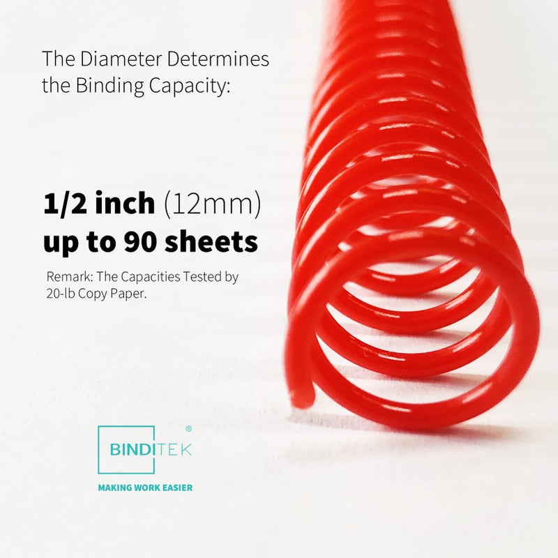 Binditek 50 Pack Plastic Spiral Binding Coils, 12mm(1/2"), 90 Sheet Capacity, 4:1 Pitch, Multi Color (Red, Blue, Yellow, Green, Pink), for Students and Coworkers - Image 2